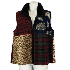 VTG‎ Faux Fur Collar Vest Sweater MEDIUM Multi Pattern Full Zip Tally Ho Women's